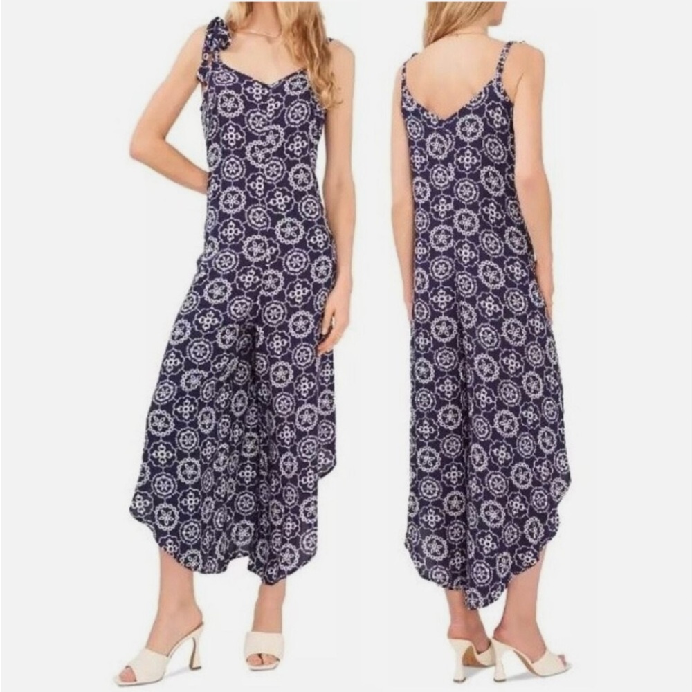 Vince Camuto Jumpsuit Tie Straps Challis Print V-Neck Navy Blue White Size Large